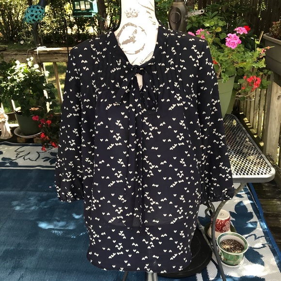 Daniel Rainn Black with Beige Heart Print Tie Neck Detail Blouse 3/4 Sleeve M - Picture 11 of 11